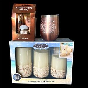 Bundle: Flameless Candle Set, Bath & body gift set and a wine cup
